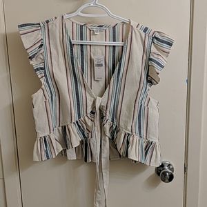 Striped cropped front tie shirt